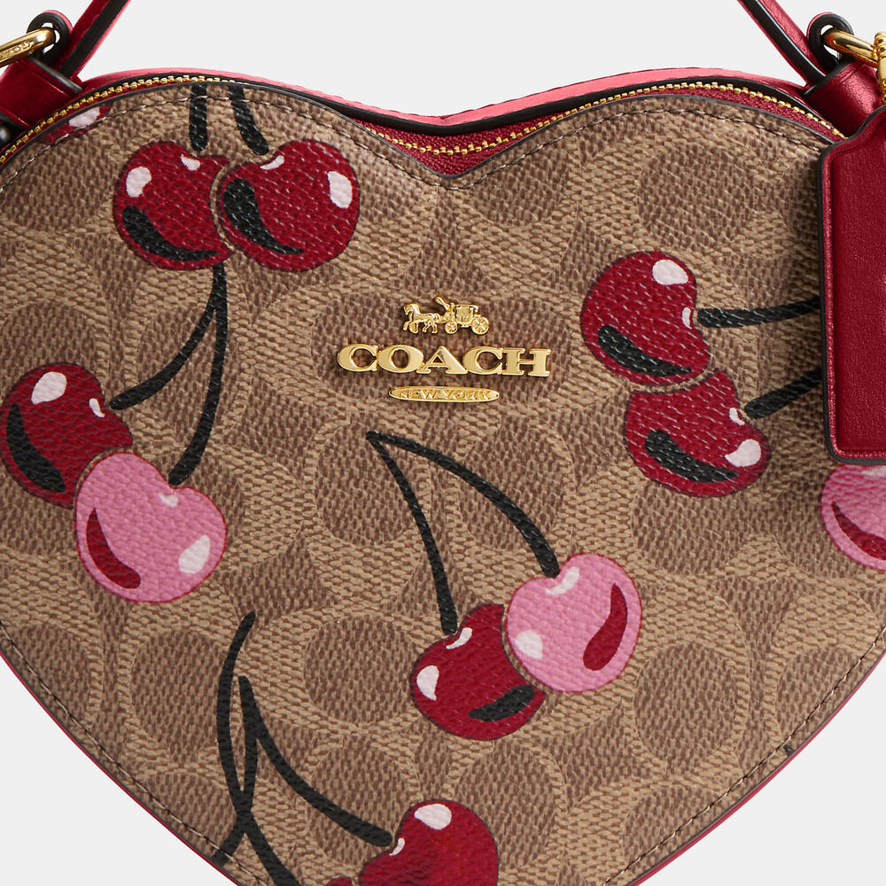 Heart Crossbody Bag In Signature Canvas With Cherry Print